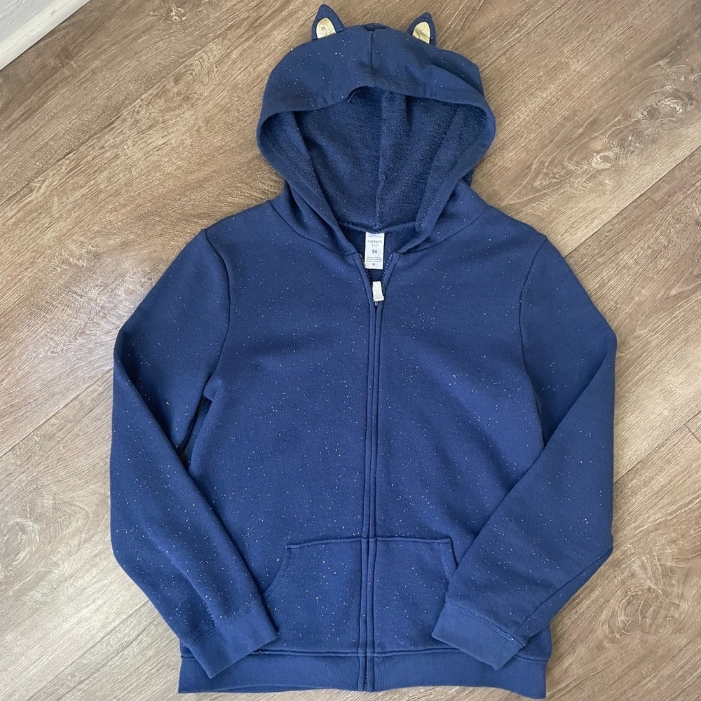 Carters Kitty Cat Ears Hooded Full Zip Sweatshirt Girls Size 14 Blue Sparkly